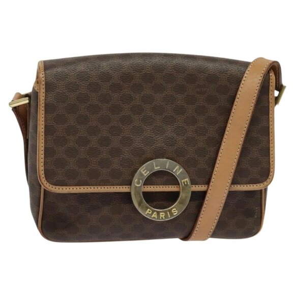 CELINE Macadam Canvas Circle Shoulder Bag PVC Leather Brown Gold Auth 120820 - Picture 1 of 16
